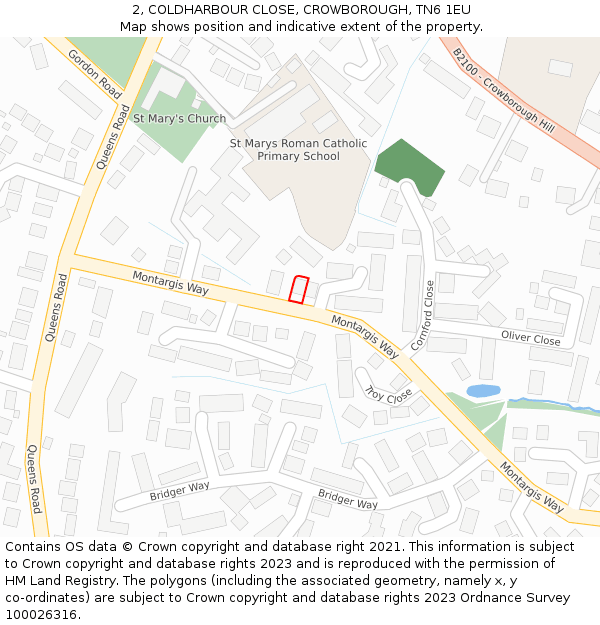 2, COLDHARBOUR CLOSE, CROWBOROUGH, TN6 1EU: Location map and indicative extent of plot