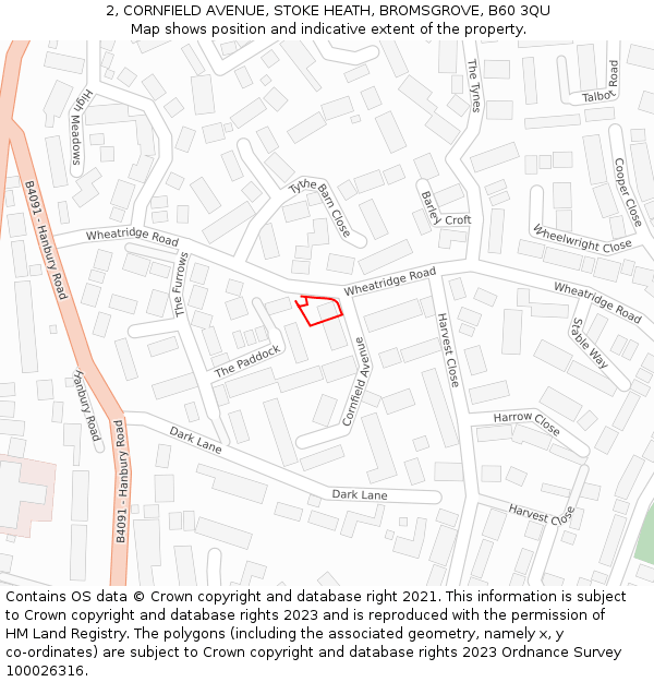 2, CORNFIELD AVENUE, STOKE HEATH, BROMSGROVE, B60 3QU: Location map and indicative extent of plot