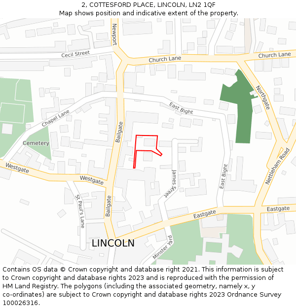 2, COTTESFORD PLACE, LINCOLN, LN2 1QF: Location map and indicative extent of plot