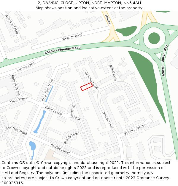 2, DA VINCI CLOSE, UPTON, NORTHAMPTON, NN5 4AH: Location map and indicative extent of plot