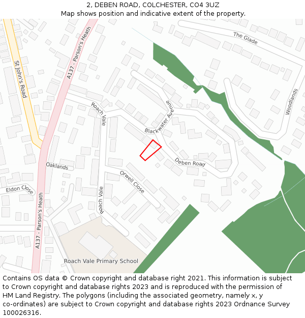 2, DEBEN ROAD, COLCHESTER, CO4 3UZ: Location map and indicative extent of plot