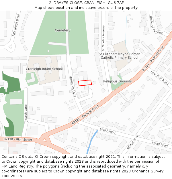 2, DRAKES CLOSE, CRANLEIGH, GU6 7AF: Location map and indicative extent of plot