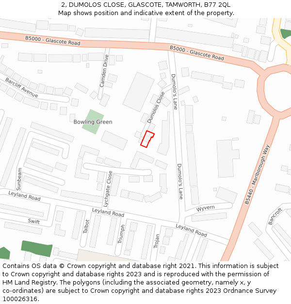 2, DUMOLOS CLOSE, GLASCOTE, TAMWORTH, B77 2QL: Location map and indicative extent of plot