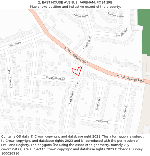 2, EAST HOUSE AVENUE, FAREHAM, PO14 2RB: Location map and indicative extent of plot