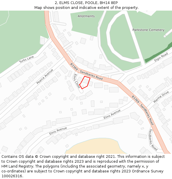 2, ELMS CLOSE, POOLE, BH14 8EP: Location map and indicative extent of plot