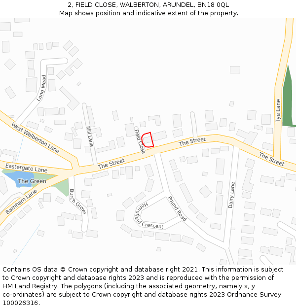 2, FIELD CLOSE, WALBERTON, ARUNDEL, BN18 0QL: Location map and indicative extent of plot