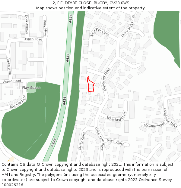 2, FIELDFARE CLOSE, RUGBY, CV23 0WS: Location map and indicative extent of plot