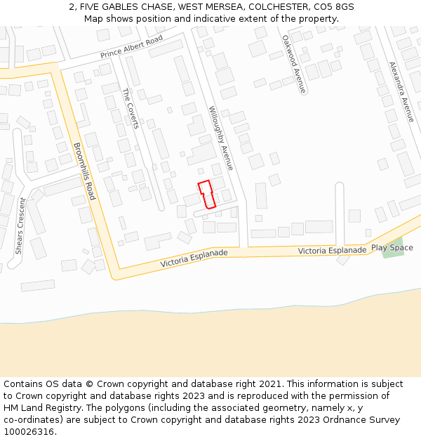 2, FIVE GABLES CHASE, WEST MERSEA, COLCHESTER, CO5 8GS: Location map and indicative extent of plot