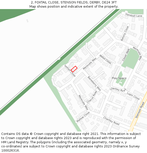 2, FOXTAIL CLOSE, STENSON FIELDS, DERBY, DE24 3FT: Location map and indicative extent of plot