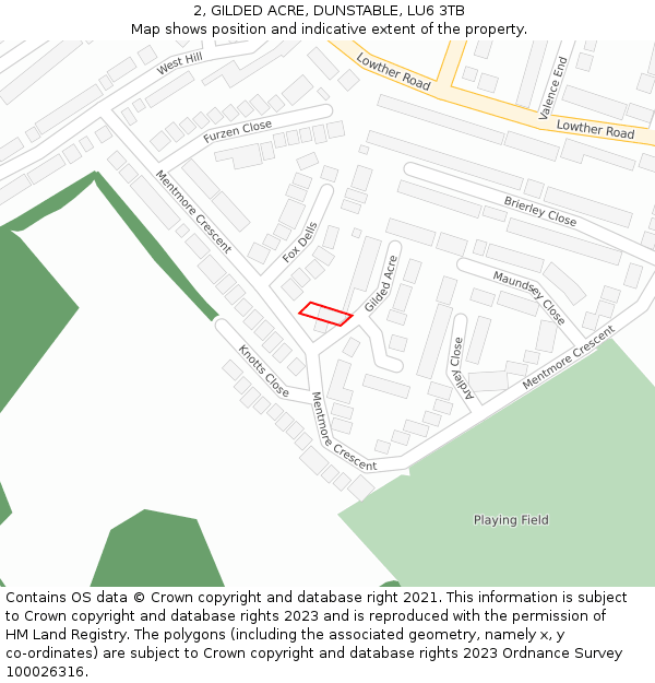 2, GILDED ACRE, DUNSTABLE, LU6 3TB: Location map and indicative extent of plot