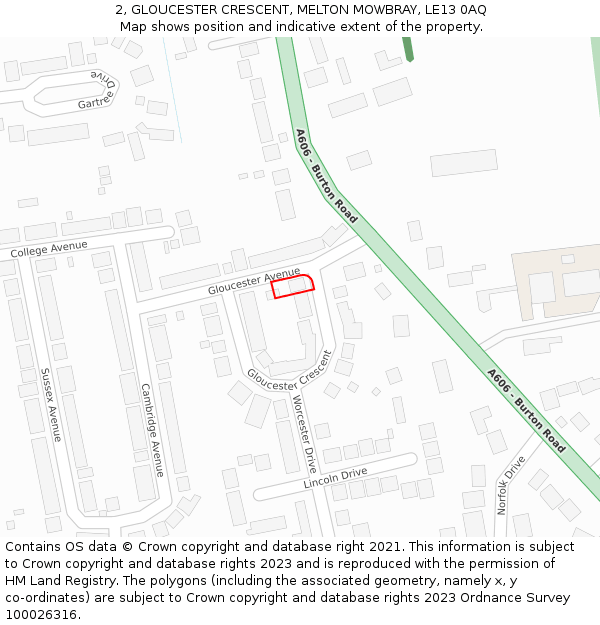 2, GLOUCESTER CRESCENT, MELTON MOWBRAY, LE13 0AQ: Location map and indicative extent of plot