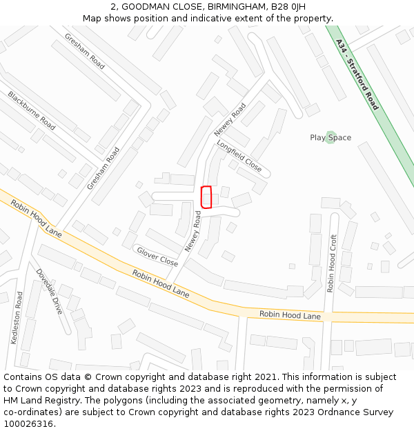 2, GOODMAN CLOSE, BIRMINGHAM, B28 0JH: Location map and indicative extent of plot