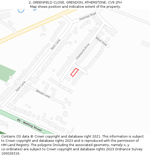 2, GREENFIELD CLOSE, GRENDON, ATHERSTONE, CV9 2FH: Location map and indicative extent of plot