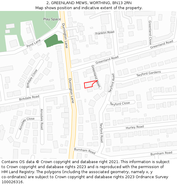 2, GREENLAND MEWS, WORTHING, BN13 2RN: Location map and indicative extent of plot