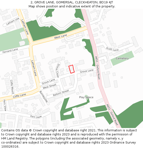 2, GROVE LANE, GOMERSAL, CLECKHEATON, BD19 4JT: Location map and indicative extent of plot