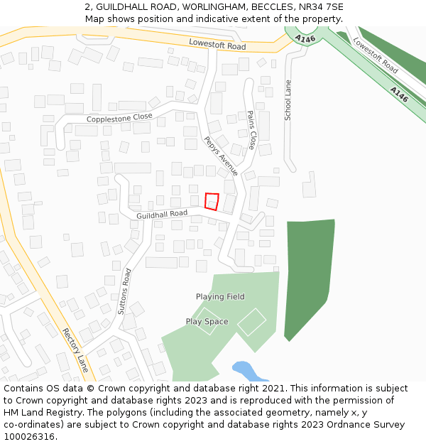 2, GUILDHALL ROAD, WORLINGHAM, BECCLES, NR34 7SE: Location map and indicative extent of plot