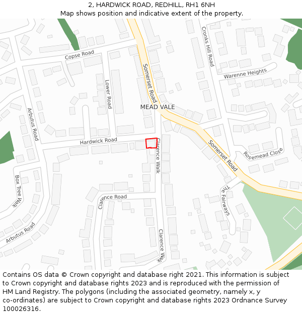 2, HARDWICK ROAD, REDHILL, RH1 6NH: Location map and indicative extent of plot