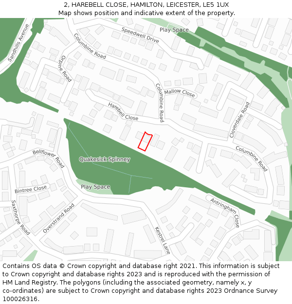 2, HAREBELL CLOSE, HAMILTON, LEICESTER, LE5 1UX: Location map and indicative extent of plot