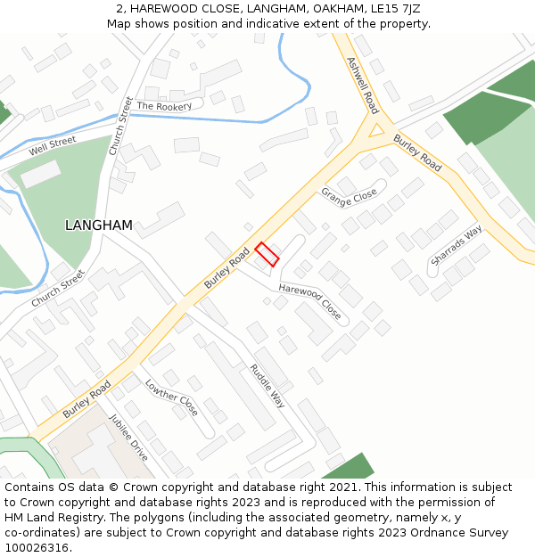 2, HAREWOOD CLOSE, LANGHAM, OAKHAM, LE15 7JZ: Location map and indicative extent of plot