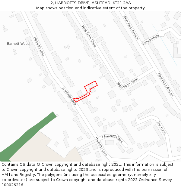 2, HARRIOTTS DRIVE, ASHTEAD, KT21 2AA: Location map and indicative extent of plot