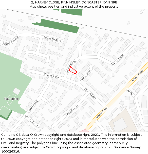 2, HARVEY CLOSE, FINNINGLEY, DONCASTER, DN9 3RB: Location map and indicative extent of plot