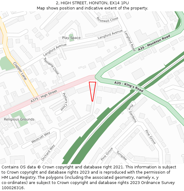 2, HIGH STREET, HONITON, EX14 1PU: Location map and indicative extent of plot