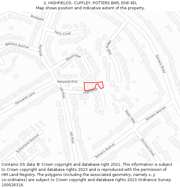 2, HIGHFIELDS, CUFFLEY, POTTERS BAR, EN6 4EL: Location map and indicative extent of plot