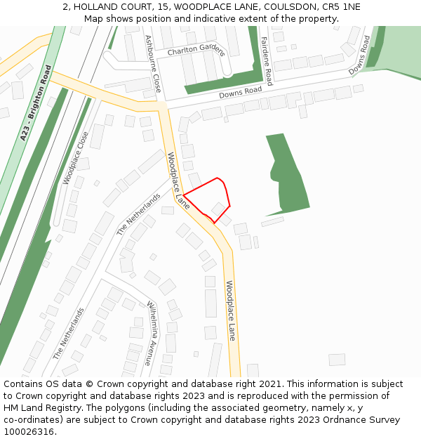 2, HOLLAND COURT, 15, WOODPLACE LANE, COULSDON, CR5 1NE: Location map and indicative extent of plot