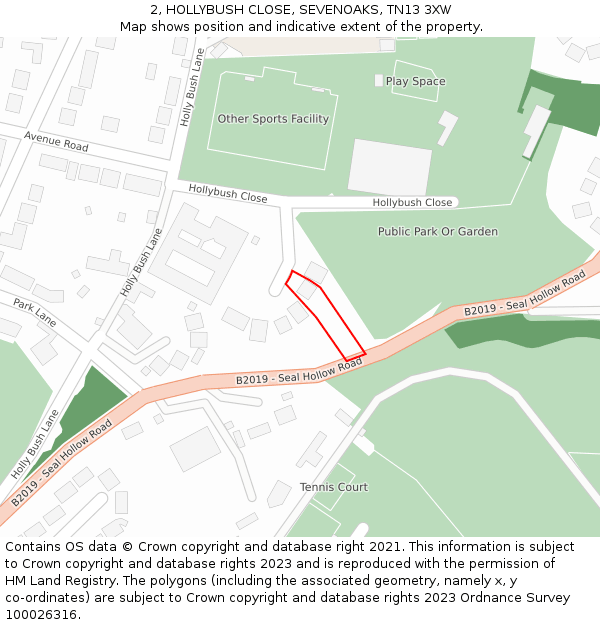 2, HOLLYBUSH CLOSE, SEVENOAKS, TN13 3XW: Location map and indicative extent of plot