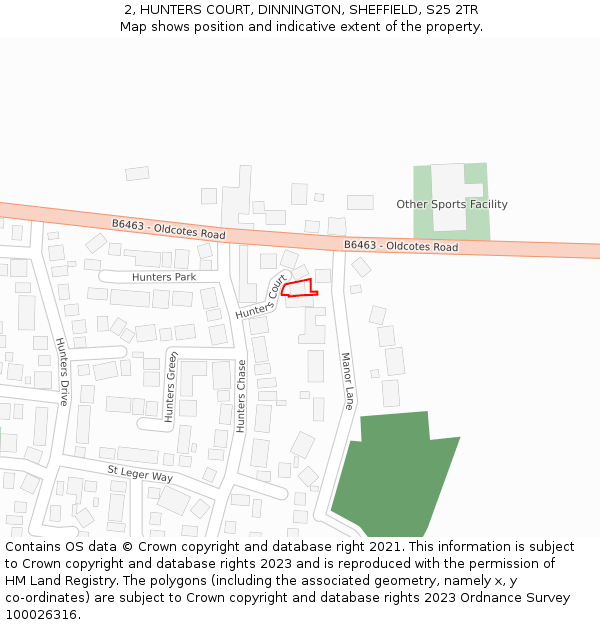 2, HUNTERS COURT, DINNINGTON, SHEFFIELD, S25 2TR: Location map and indicative extent of plot