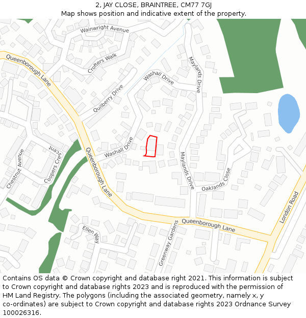 2, JAY CLOSE, BRAINTREE, CM77 7GJ: Location map and indicative extent of plot