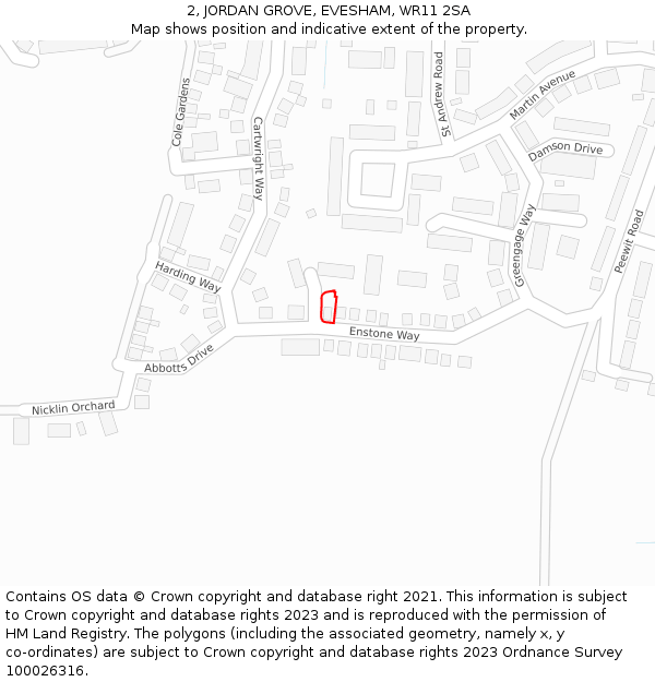 2, JORDAN GROVE, EVESHAM, WR11 2SA: Location map and indicative extent of plot