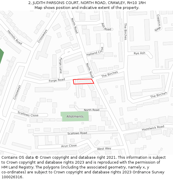 2, JUDITH PARSONS COURT, NORTH ROAD, CRAWLEY, RH10 1RH: Location map and indicative extent of plot