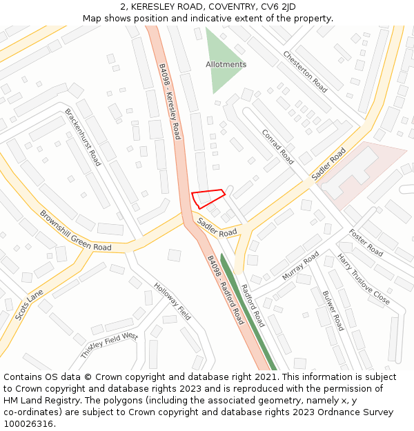 2, KERESLEY ROAD, COVENTRY, CV6 2JD: Location map and indicative extent of plot