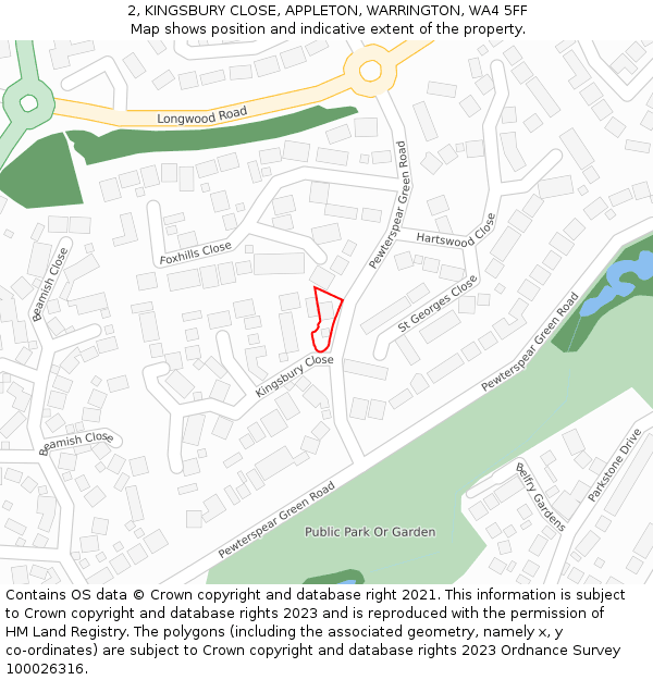 2, KINGSBURY CLOSE, APPLETON, WARRINGTON, WA4 5FF: Location map and indicative extent of plot