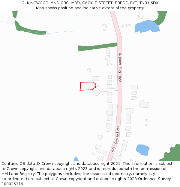 2, KINGWOODLAND ORCHARD, CACKLE STREET, BREDE, RYE, TN31 6DX: Location map and indicative extent of plot