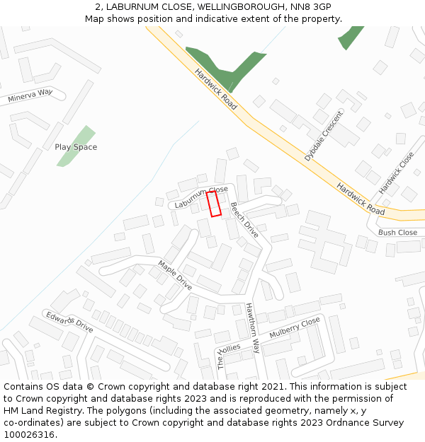 2, LABURNUM CLOSE, WELLINGBOROUGH, NN8 3GP: Location map and indicative extent of plot