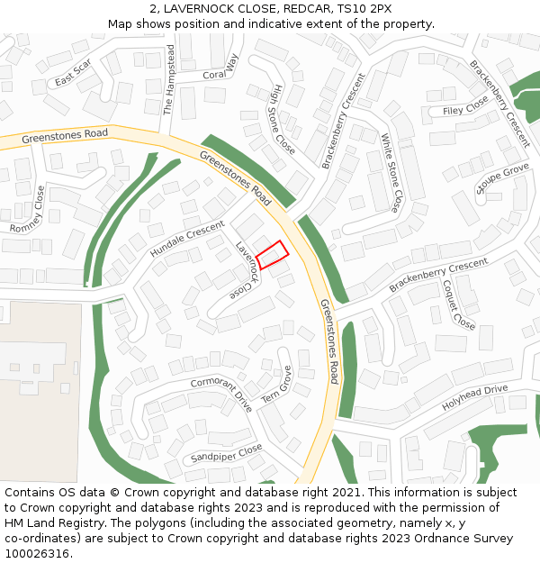 2, LAVERNOCK CLOSE, REDCAR, TS10 2PX: Location map and indicative extent of plot