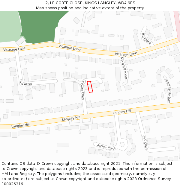 2, LE CORTE CLOSE, KINGS LANGLEY, WD4 9PS: Location map and indicative extent of plot