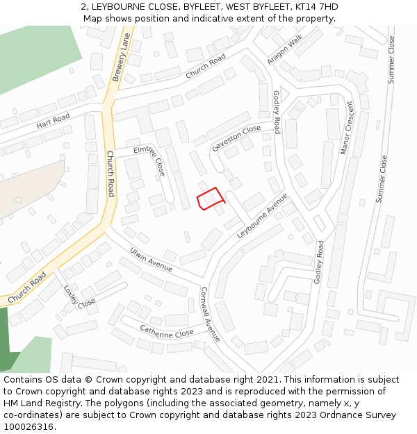 2, LEYBOURNE CLOSE, BYFLEET, WEST BYFLEET, KT14 7HD: Location map and indicative extent of plot