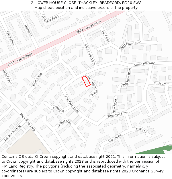 2, LOWER HOUSE CLOSE, THACKLEY, BRADFORD, BD10 8WG: Location map and indicative extent of plot