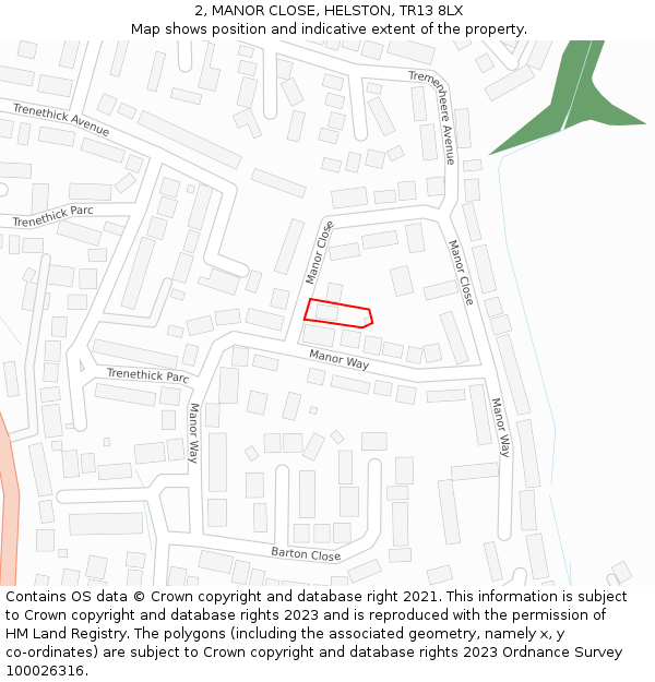 2, MANOR CLOSE, HELSTON, TR13 8LX: Location map and indicative extent of plot