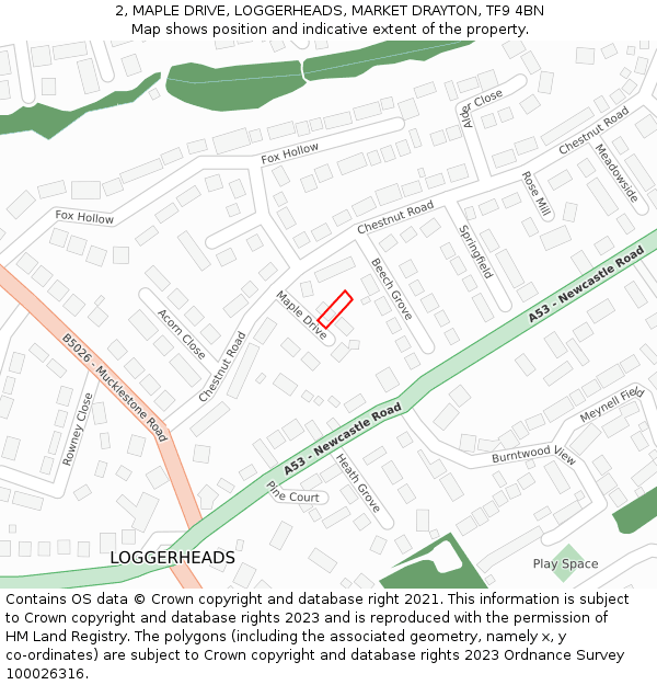 2, MAPLE DRIVE, LOGGERHEADS, MARKET DRAYTON, TF9 4BN: Location map and indicative extent of plot