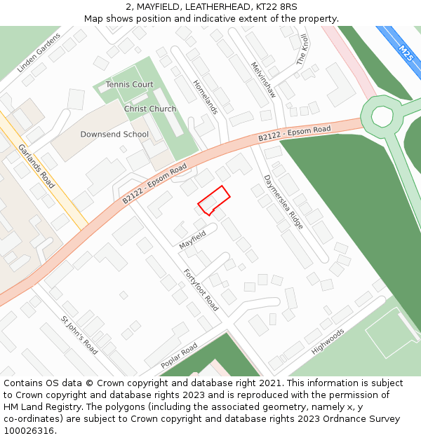 2, MAYFIELD, LEATHERHEAD, KT22 8RS: Location map and indicative extent of plot