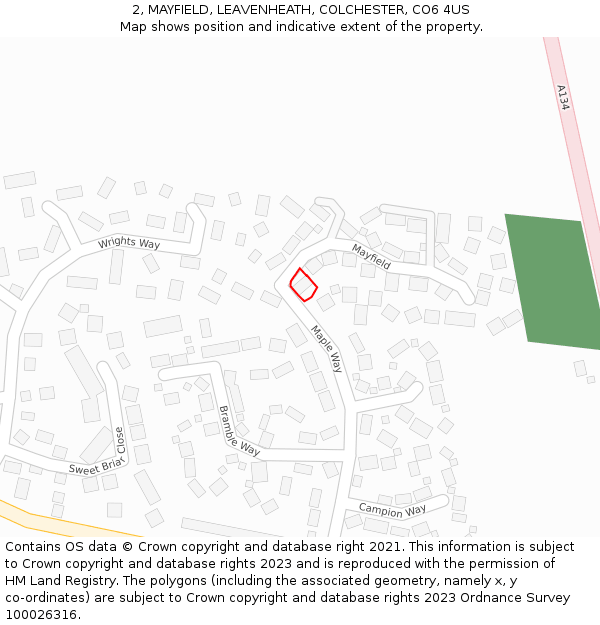 2, MAYFIELD, LEAVENHEATH, COLCHESTER, CO6 4US: Location map and indicative extent of plot