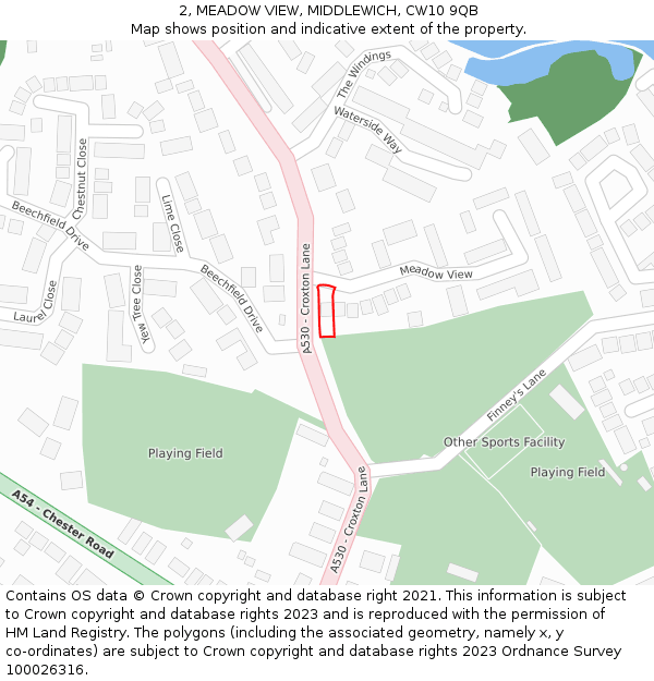 2, MEADOW VIEW, MIDDLEWICH, CW10 9QB: Location map and indicative extent of plot