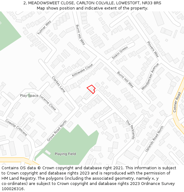 2, MEADOWSWEET CLOSE, CARLTON COLVILLE, LOWESTOFT, NR33 8RS: Location map and indicative extent of plot