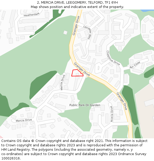 2, MERCIA DRIVE, LEEGOMERY, TELFORD, TF1 6YH: Location map and indicative extent of plot