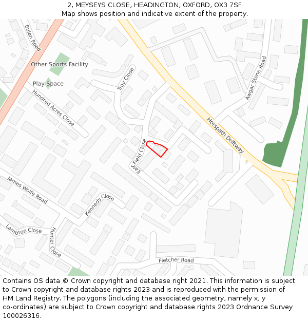 2, MEYSEYS CLOSE, HEADINGTON, OXFORD, OX3 7SF: Location map and indicative extent of plot