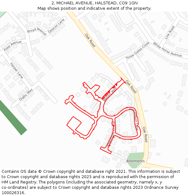 2, MICHAEL AVENUE, HALSTEAD, CO9 1GN: Location map and indicative extent of plot